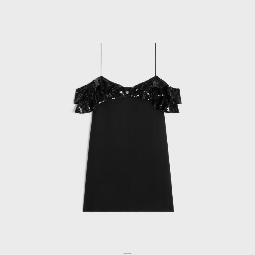 мини хаљина са извезеним воланима од самурове вуне црн CELINE Z2BBHT658 Одећа Жене