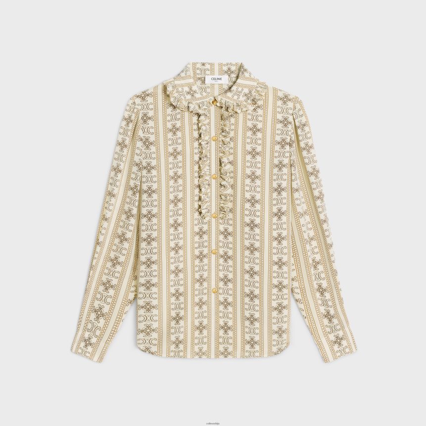 блуза са наборима од креп де шина слоноваче / карамела / маррон глаце CELINE Z2BBHT578 Одећа Жене