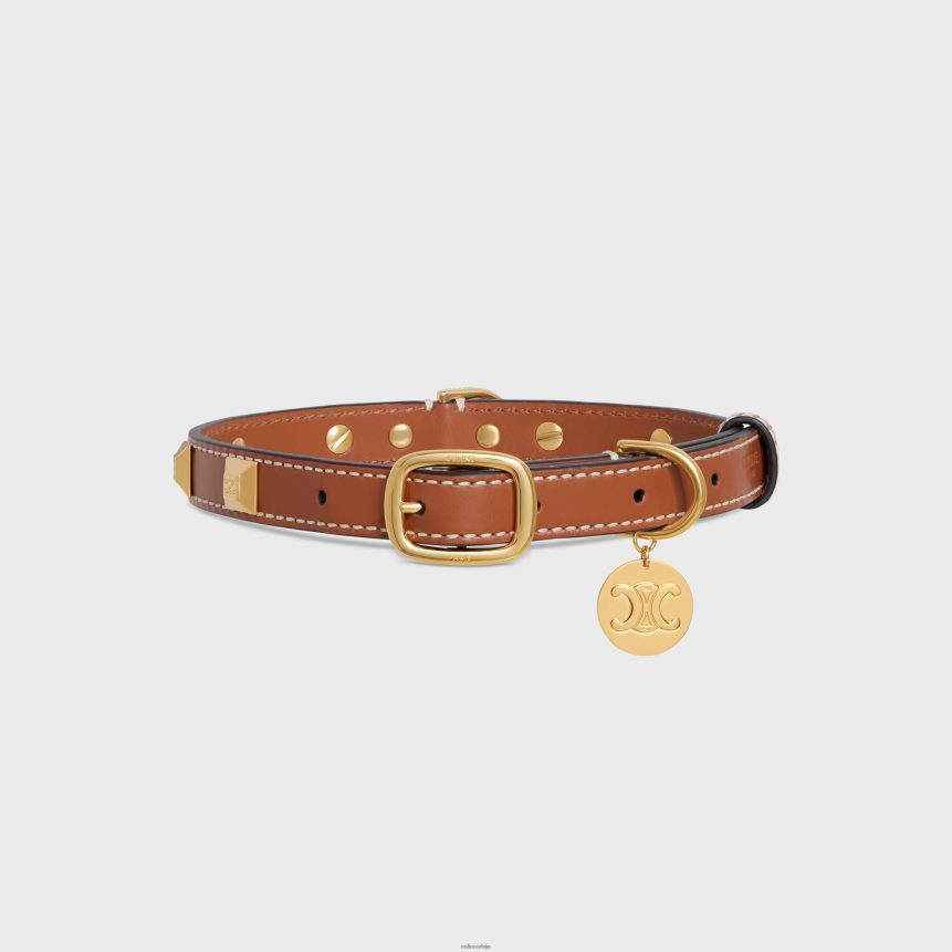 средње танка огрлица за псе од глатке телеће коже са пирамидалним клиновима тан CELINE Z2BBHT1730 Прибор мушкарци